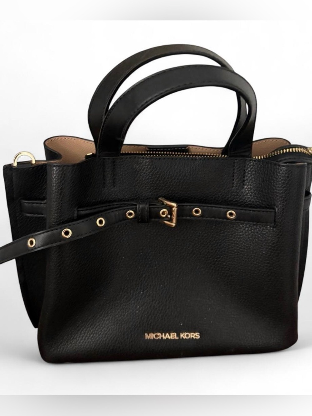 Michael Kors Black Pebbled Leather Satchel with Gold Hardware